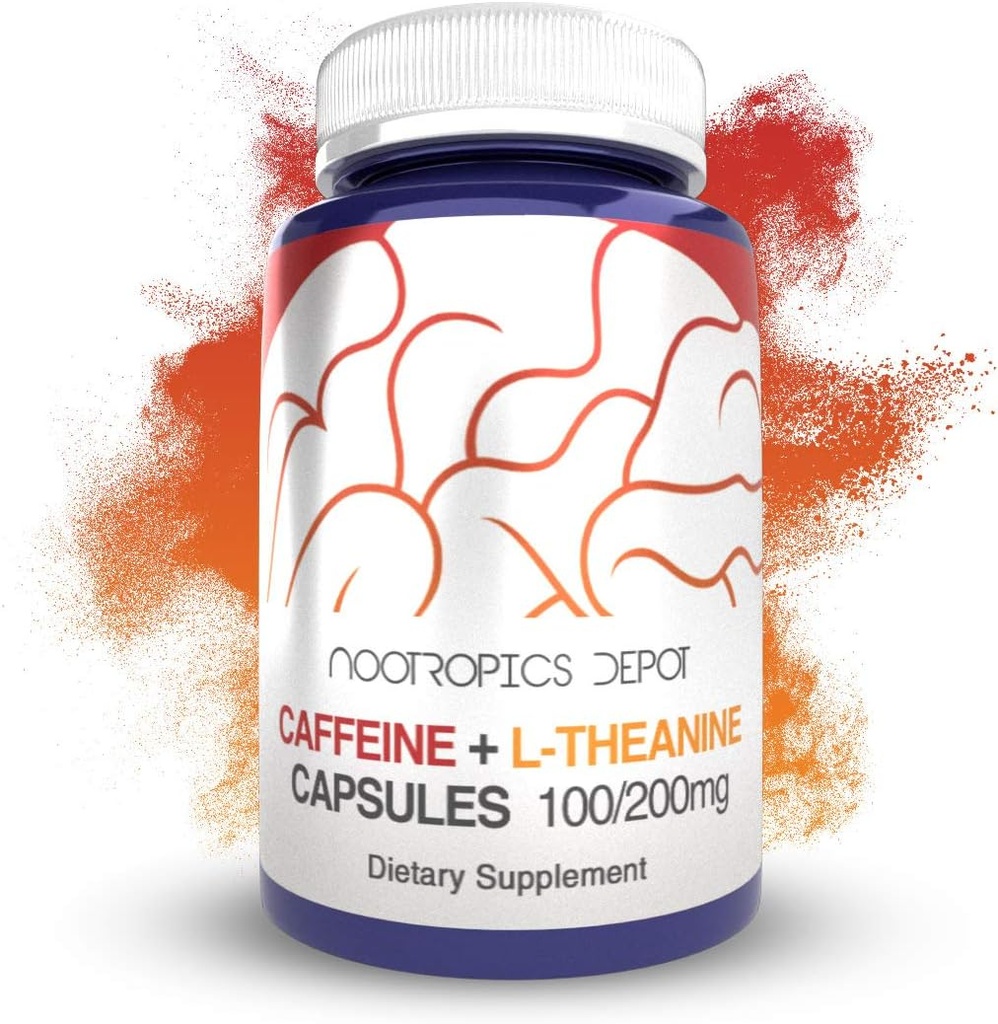 Nootropics Dépôt de caféine et L-Theanine Capsules de 60 pilules Contient 100mg de caféine et 200mg de L-Theanine.