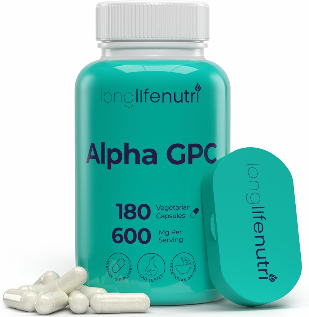 Alpha GPC Choline Supplément 600mg – 180 Capsules végétariennes, Nootropic haute pureté pour l'énergie quotidienne, 3 mois d'approvisionnement, Source d'acétylcholine pour la clarté cognitive et mentale, GMP certifié, Fabriqué aux États-Unis