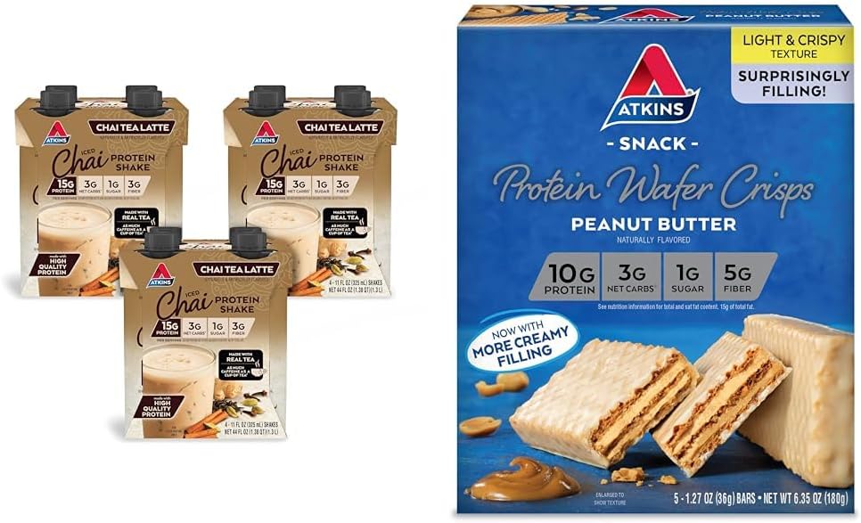 Atkins Chai Tea Latte Protein Shake with 15g Protein, 3g Net Carb, 1g Sucre + Atkins Beurre de protéines de beurre d'arachide Crisps avec 10g Protéines, 4g Net Carb, 1g Sucre, 5 Compte