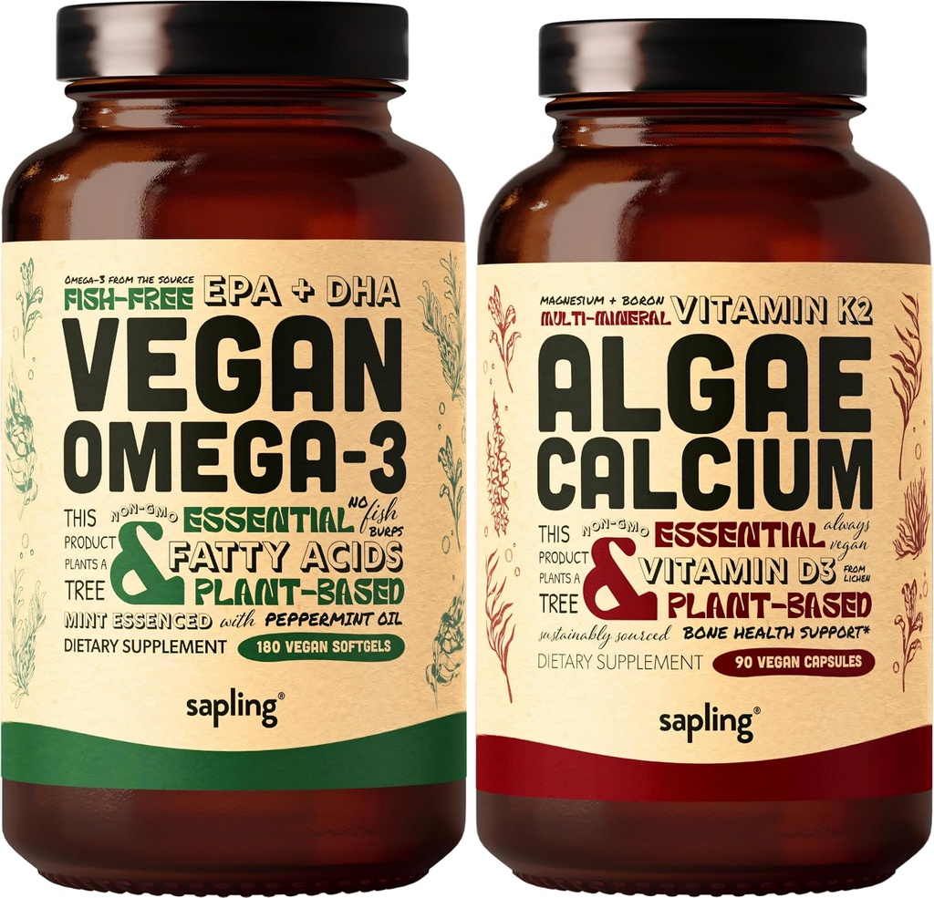 Vegan Omega 3 180 Softgels & Algae Calcium Bundle - Acide gras à base végétale DHA & EPA, supplément de calcium des algues rouges avec vitamine K2 & D3, Magnésium, zinc, Boron, Complexe minéral