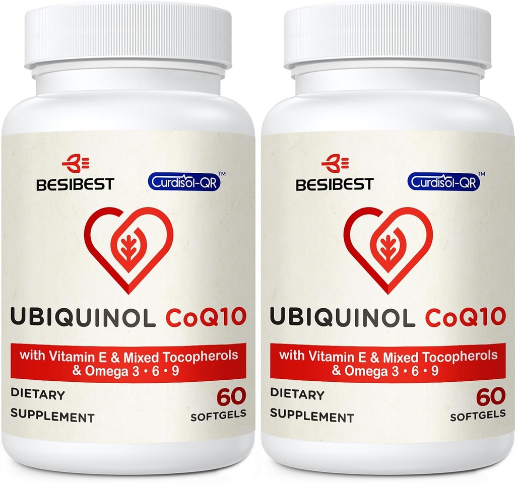 Ubiquinol CoQ10-600mg-Softgel, supplément actif d'Ubiquinol Coq10 avec vitamine E et oméga 3, 6, 9, haute absorption-Coenzyme-Q10, puissant antioxydant pour la production d'énergie, testé, 120 Compte