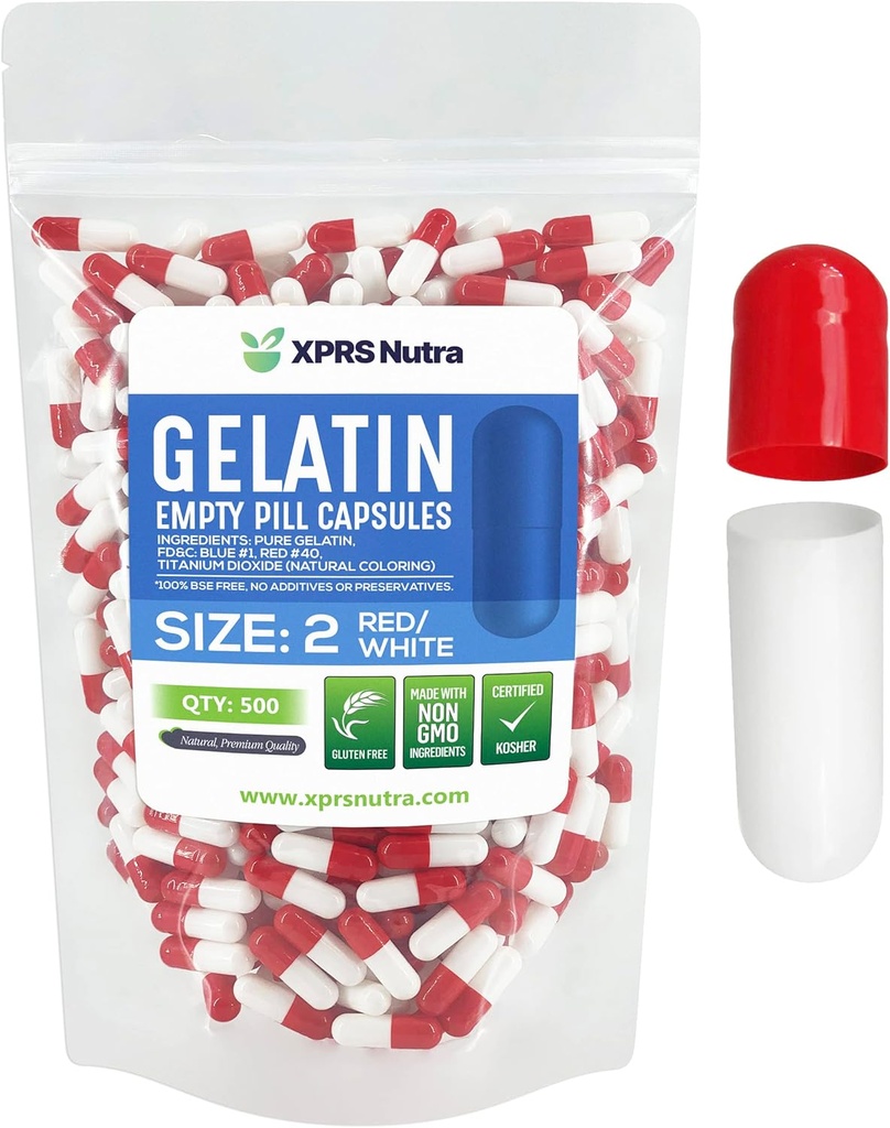 XPRS Nutra Size 2 Empty Capsules - 500 Count Empty Gelatin Capsules - Pills DIY Capsule Filling - Pure Bovine Pill Gel Caps for Do-It-Yourself Supplements (Red/White)