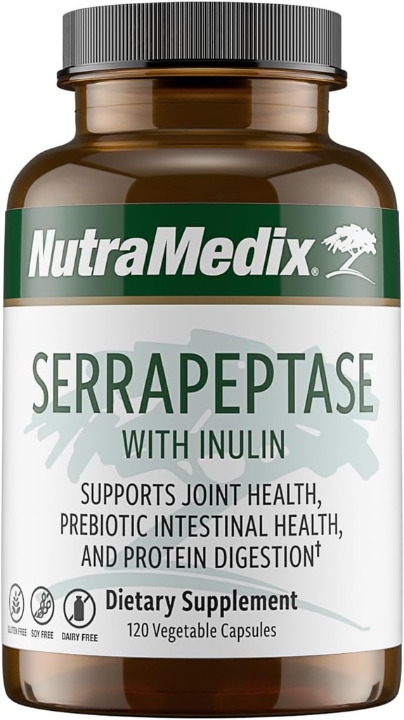 NutraMedix Serrapeptase Supplement with Proteolytic Digestive Enzymes for Women & Men - Inulin Prebiotic Fiber for Gut Health & Joint Support - Dairy, Soy & Gluten-Free (120 Capsules)