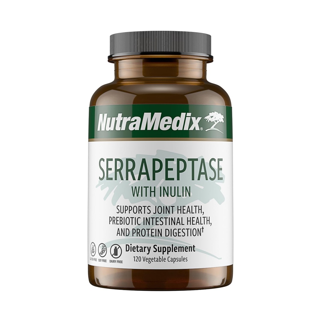 Supplément NutraMedix Serrapeptase avec enzymes digestives protéolytiques pour les femmes et les hommes - Fibre prébiotique d'inuline pour la santé de Gut et le soutien articulaire - Sans lait, sans soja et sans gluten (120 capsules)