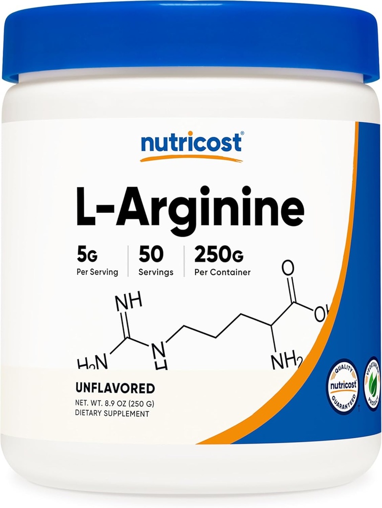 Nutricost L-Arginine (250 grammes) - Poudre L-Arginine pure - 5000mg par portion; 50 portions