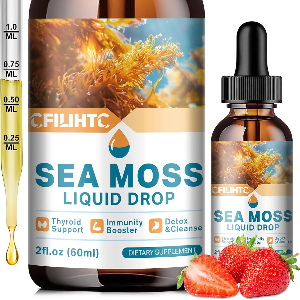 Supplément pour les gouttes liquides de la mousse de mer, la mousse de mer irlandaise avec la roquette ashwagandha noire de la baie d'ard - Multivitamines Seamoss Liquid Drops Support Antioxydant, Immune, Skin Gut Health, 2 Fl Oz