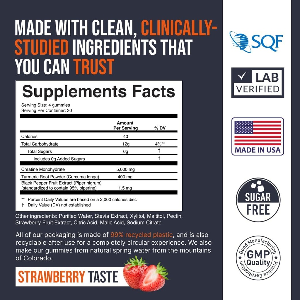 EcoWise Wellness Gommies monohydratées en créatine 5000 mg, Chewables pour les hommes et les femmes, Gommies sans sucre - 121 Compte, Fraise fraîche