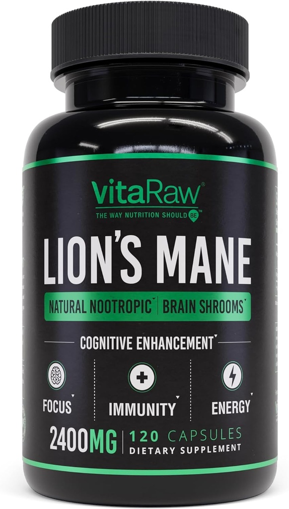 Organic Lions Mane Supplément Capsules 2400 mg - Nootrope puissant - Aide à maintenir la mémoire, l'énergie et la clarté mentale - Vegan Brain Booster Focus Pills - Real Lion's Mane Supplément