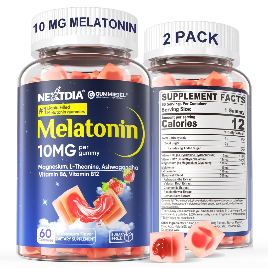 2 Pack Sans sucre Mélatonine Gommies 10mg 20mg Magnésium Glycinat Mélatonine pour les adultes, Ashwagandha, L-Theanine, B6, B12, Lemon Baume et Camomille pour la relaxation profonde, Antioxydant, Vegan, 120 Jour