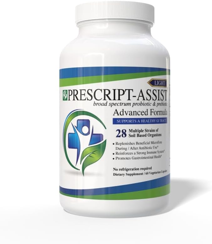 Prescript-Assist Light - 28 souches de microflore de sol probiotique et prébiotique pour les enfants et les adultes avec une formule avancée - Probiotiques à base de sol pour la santé des intestins - Pas de réfrigération nécessaire, 60 capsules