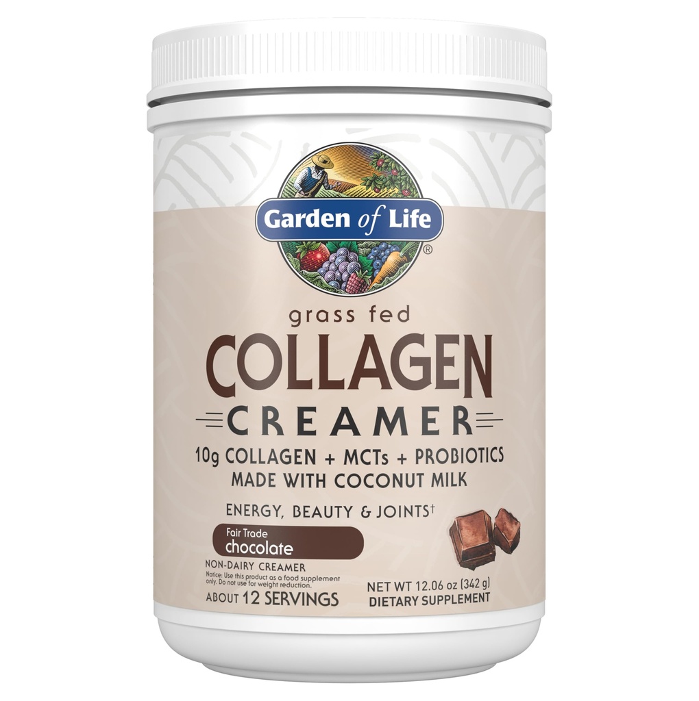 Jardin de la vie Poudre de crème de collagène à l'herbe - Chocolat, 12 portions, Poudre pour Coffee Energy Beauty Joints, Peptides de collagène avec MCT de noix de coco, Suppléments de protéines de kéto