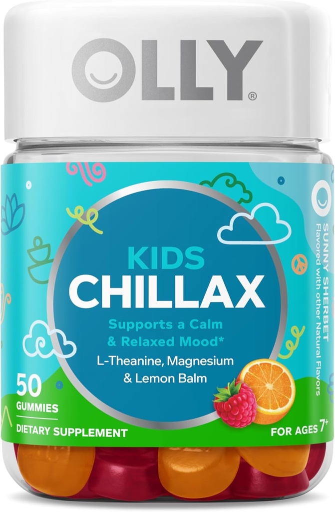 LOLLY Kids Chillax Gummies, Magnésium, L-Theanine, Lemon Baume, Supplément à croquer, Sherbet Flavor