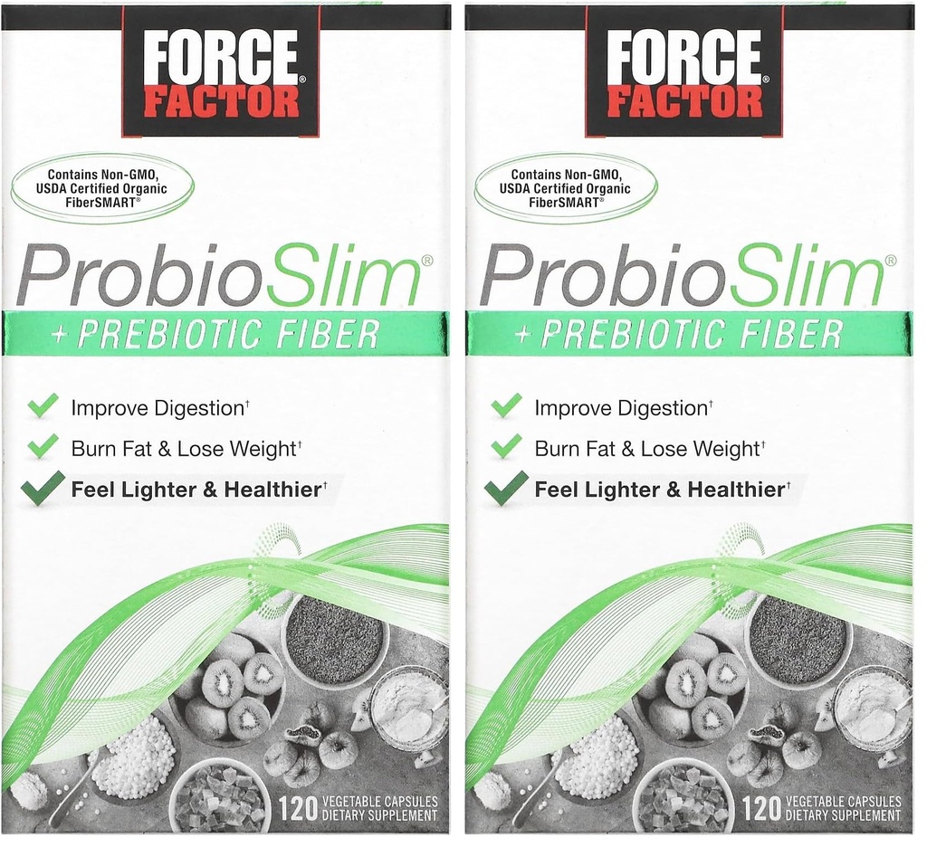 Force Factor ProbioSlim + Prebiotic Fiber Weight Loss Supplement for Women and Men, Probiotic and Prebiotic Digestive Health Support with Green Tea Extract and Psyllium Husk Fiber, 120 Capsules