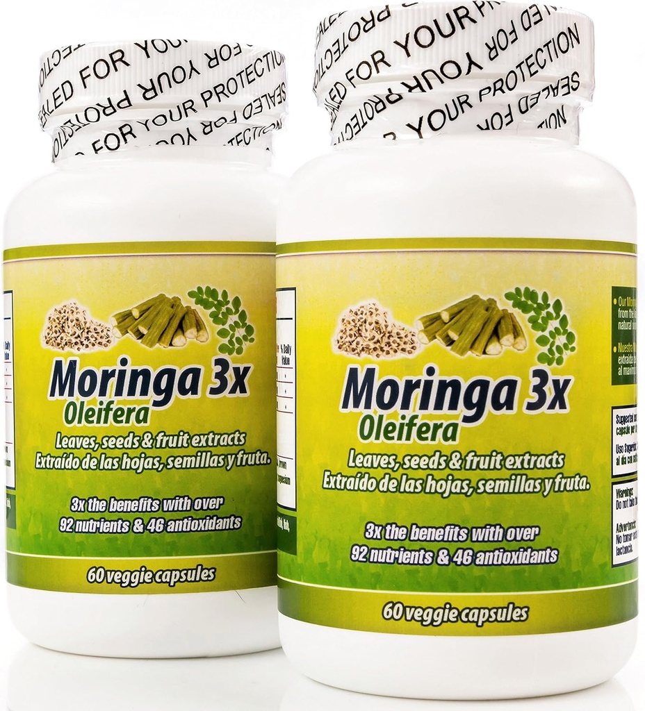 Moringa en Capsulas naturales. Set de 2 frascos. Triple accion, extraida de la planta, fruta y semillas. Alto contenido de proteinas, vitamines y minéraux