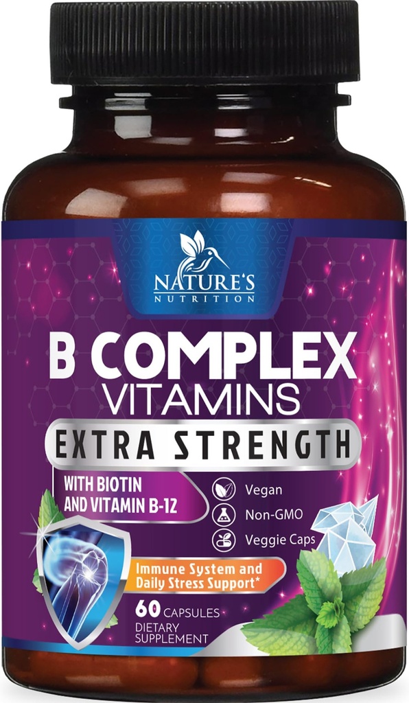 B Capsules de vitamines complexes - avec vitamine B12 B6 B100 C Biotine Folate et acide folique - Supplément pour support cardiaque, cérébral et nerveux - Super Complet B-Complex pour support immunitaire et énergétique - 60 capsules