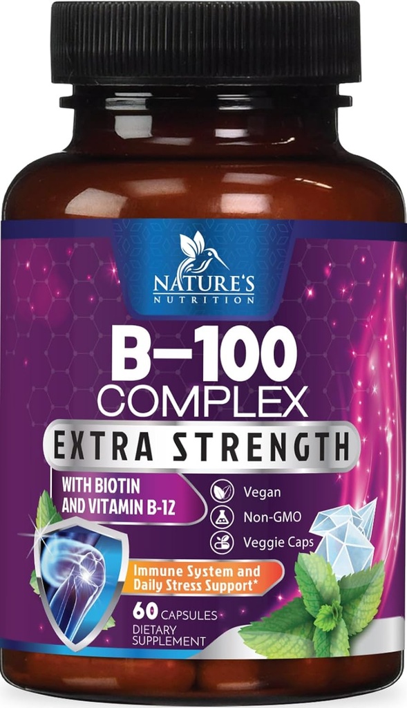 B Capsules de vitamines complexes - avec vitamine B12 B6 B100 C Biotine Folate et acide folique - Supplément pour support cardiaque, cérébral et nerveux - Super Complet B-Complex pour support immunitaire et énergétique - 60 capsules