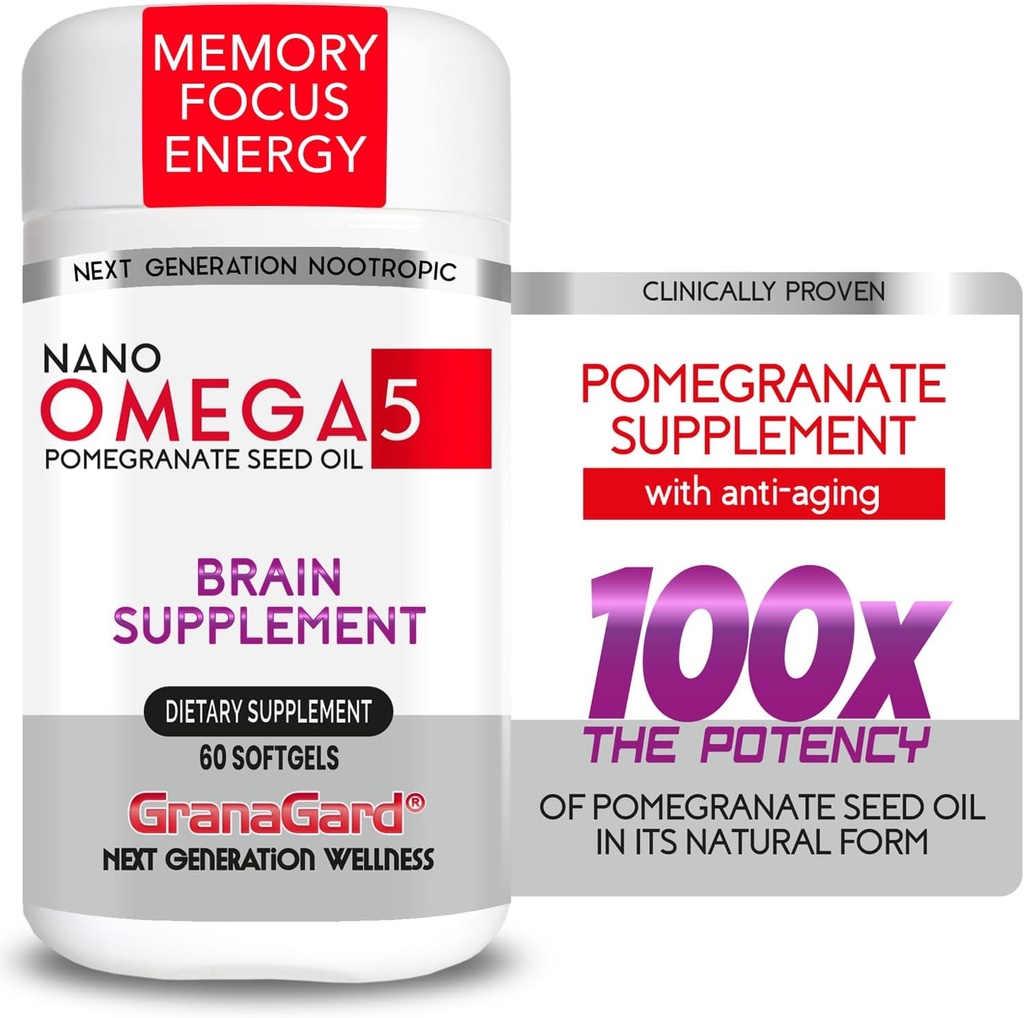Nano Pomegranate Supplement CLINICALLY Proven Brain Supplement with Anti Aging, Nanotech Delivers 100 Times The Power of Pomegranate Seed Oil in its Natural Form, 1 Bottle 60ct