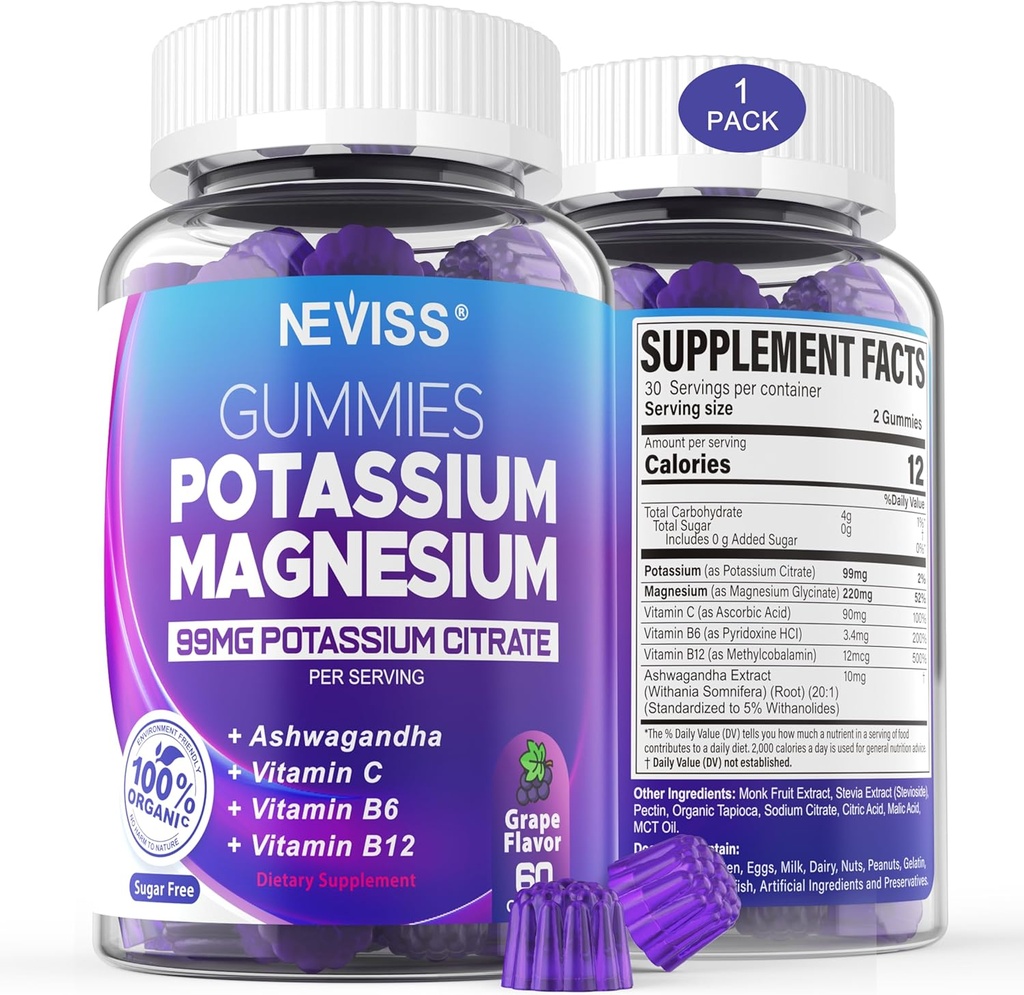 Gommies de magnésium de potassium - Supplément de potassium avec/Ashwagandha 200mg, Glycinat de magnésium,B6,B12,Citrate de P-otassium pour les crampes de jambe, Muscle,Electroyte pour les adultes enfants,Sans sucre,1Pack