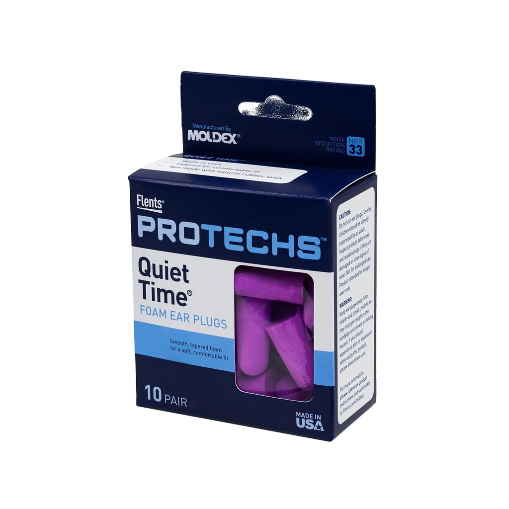 Flents Protechs Moam Ear Plugs, 10 paires avec étui pour dormir, ronflement, bruit de loud, voyage, concerts, construction, étude, travail, tir, NRR 33, violet, jetable, fabriqué aux États-Unis