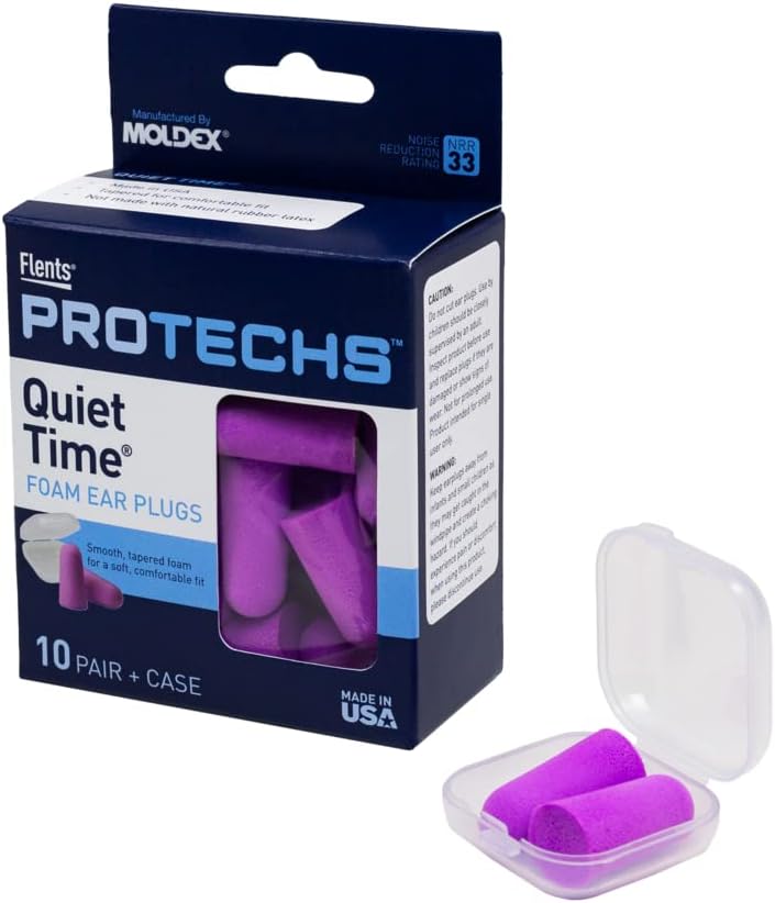 Flents Protechs Moam Ear Plugs, 10 paires avec étui pour dormir, ronflement, bruit de loud, voyage, concerts, construction, étude, travail, tir, NRR 33, violet, jetable, fabriqué aux États-Unis