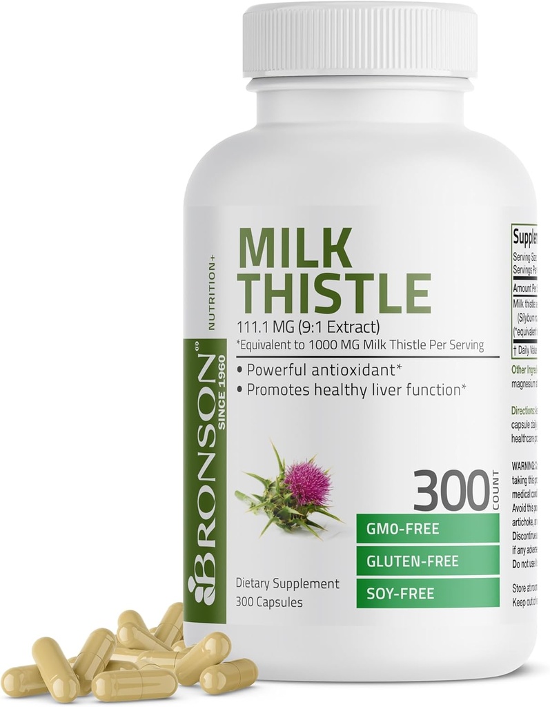 Bronson Thistle de lait 1000 MG Silybum Marianum Antioxydant et soutien de santé hépatique - Non-OGM, 300 capsules