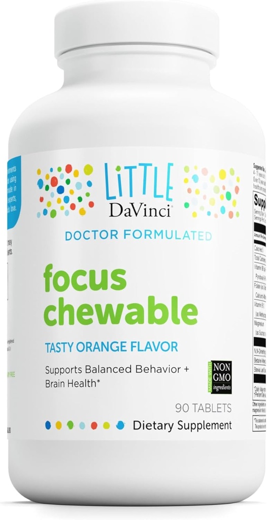 DAVINCI Labs Focus Chewable - Supplément pour soutenir le comportement, la santé cérébrale et la santé immunitaire des enfants* - avec vitamine B6, folate, vitamine B12 et plus - Arôme orange - Sans sucre - 90 comprimés