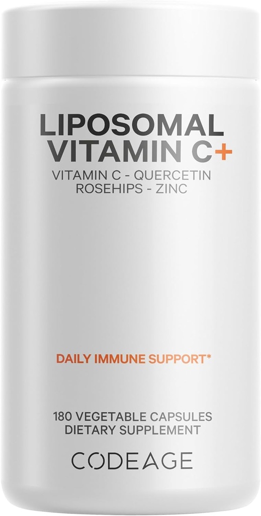 Codeage Vitamine liposomique C 1500mg avec Zinc, Elderberry, Citrus Bioflavonoïdes Pamplemousse, Citron, Poudre d'orange, Quercetin et Rose HIPS Fruit – Supplément végétalien - Non-OGM, Pills végétaliens, 180 Capsules