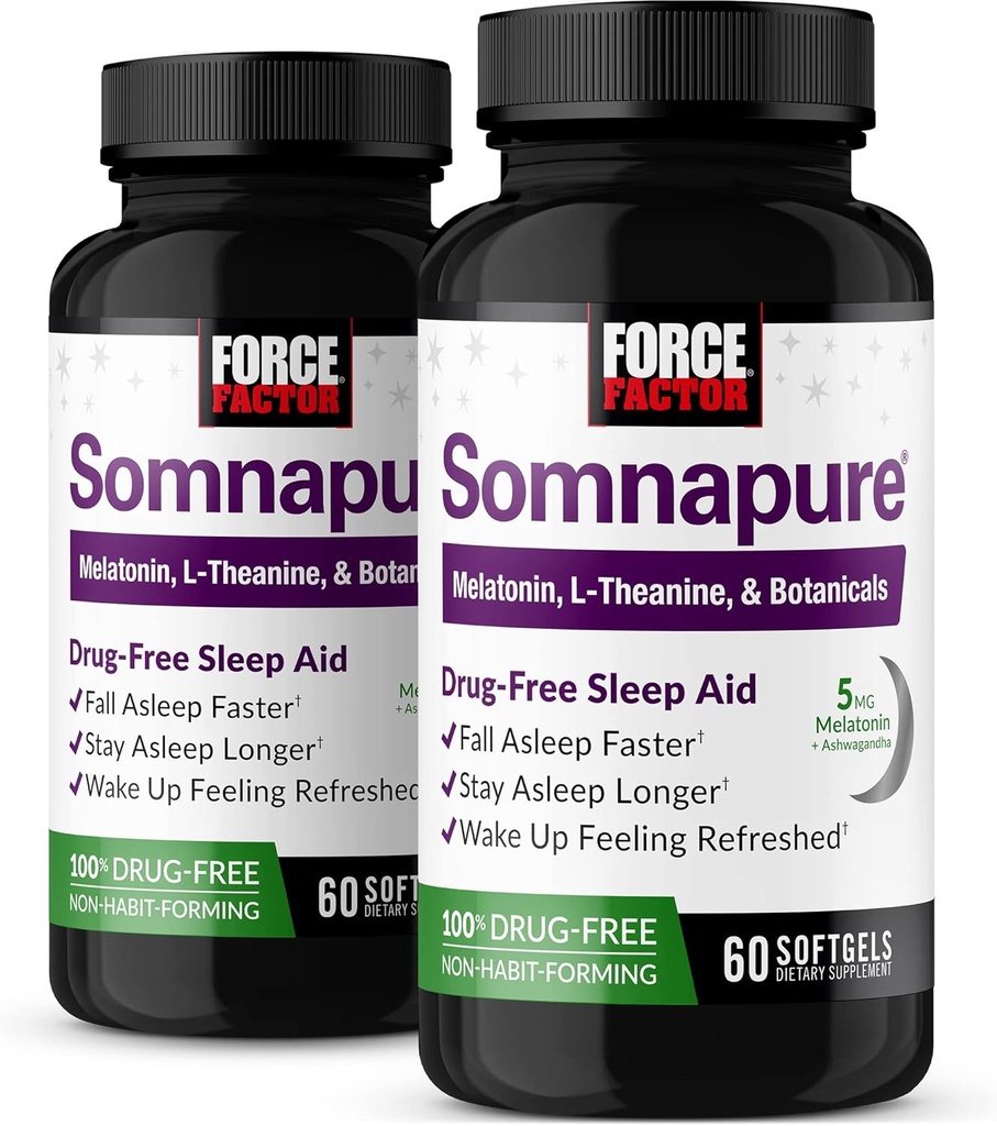 FACTEUR DE FORCE Somnapure Softgels 2 paquets d'aide au sommeil pour l'automne Asleep Faster, rester plus longtemps en sommeil, se réveiller rafraîchi, aide au sommeil pour les adultes avec la mélatonine, Ashwagandha, racine valériane, 120 Softgels