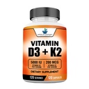 Suppléments standard américains Vitamine D3 5000 UI (125mcg) Plus Vitamine K2 (MK7) 200mcg Par Capsule - Sans gluten, sans OGM, 120 Capsules, 120 portions, 120 jours d'approvisionnement