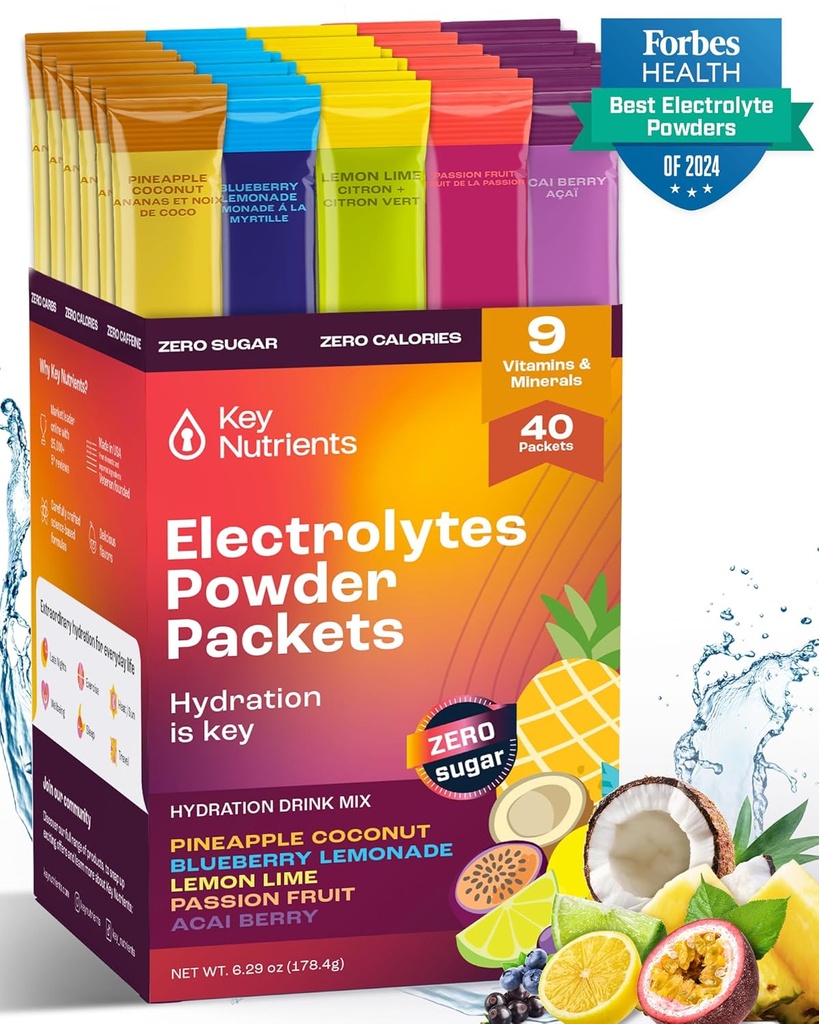 CLÉS NUTRIENTS Électrolytes Packs en poudre Pas de sucre - 5 saveurs délicieuses dans les paquets d'hydratation 40 Pack - sans gluten Electrolytes Packs en poudre