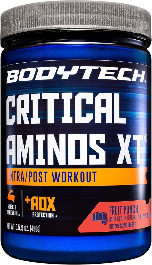 BODYTECH Critical Aminos XT Intra/Post Workout Powder in Delicious Fruit Punch Flavor - Formulé pour soutenir la récupération musculaire et améliorer le rendement pour des résultats optimaux (15,9 oz / 45 portions)