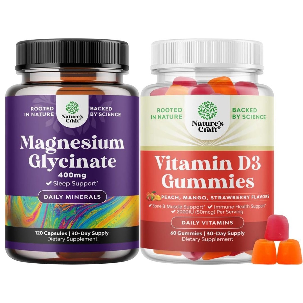Ensemble de Glycinat de Magnésium pur 400mg par portion pour le sommeil d'humeur et la relaxation et la vitamine D3 Gummies pour le bien-être quotidien ou le muscle osseux et le soutien immunitaire