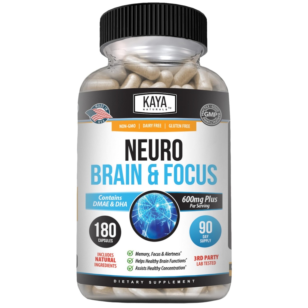 Kaya Naturals - Neuro Brain for Memory & Focus - Nootropic Energy Capsule - Nootropic Brain Support Supplément - Focus & Concentration & Apprentissage Précision - Fonction cognitive - 180 Compte