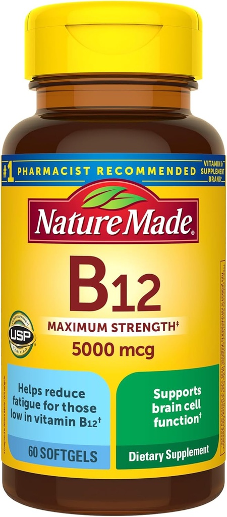 Nature Made Maximum Strength Vitamine B12 5000 mcg, complément alimentaire pour le métabolisme énergétique, 60 Softgels, 60 jours d'approvisionnement