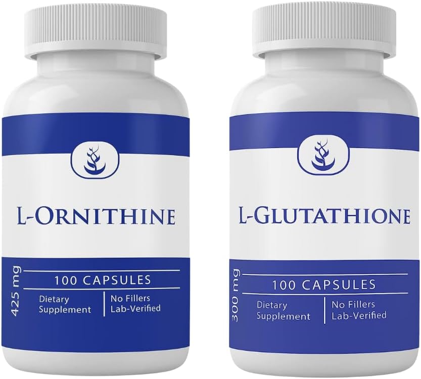 INGRÉDIENTS ORIGINAL DE PURE L-Glutathion & L-Ornithine Bundle (100 capsules chacune), Pas d'additifs ou de remplissages, Vérifié en laboratoire
