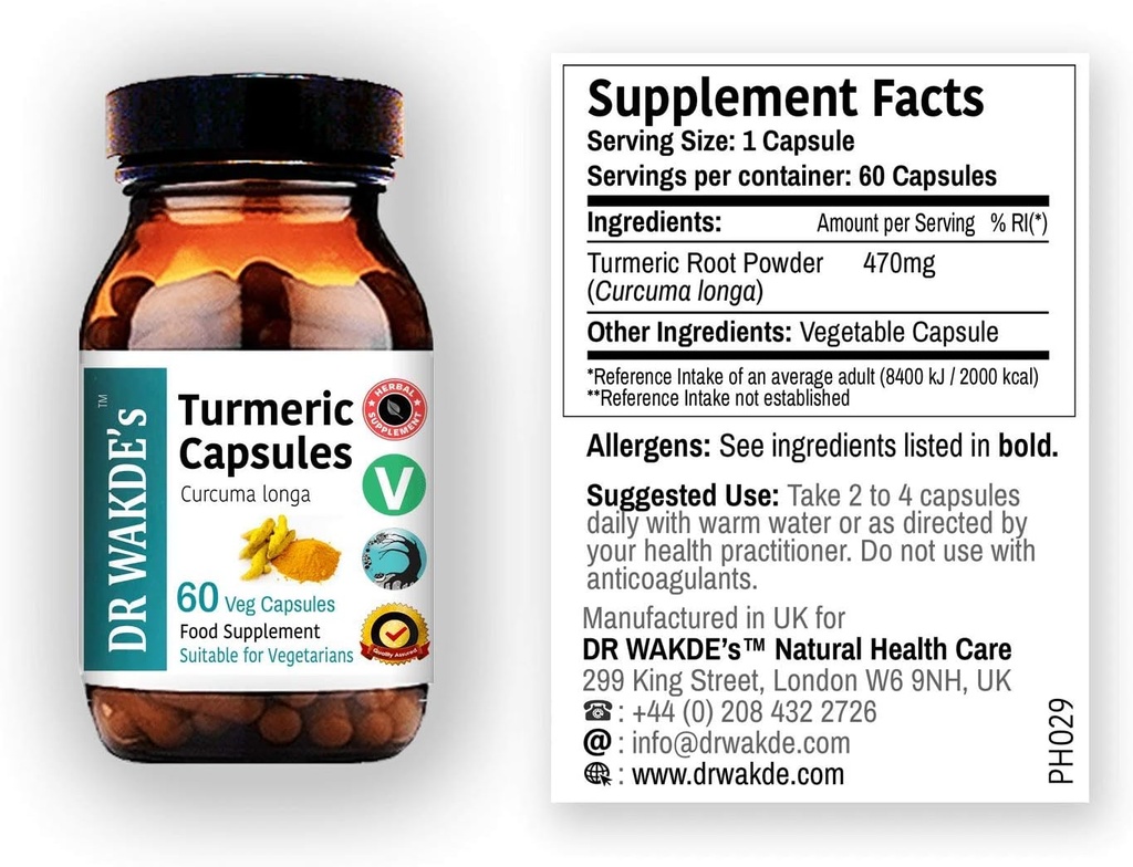 DR WAKDE'S Turmeric Capsules (Curcuma Longa, 60 capsules de légumes, supplément à base de plantes, ayurvédique, tous naturels, végétaliens)