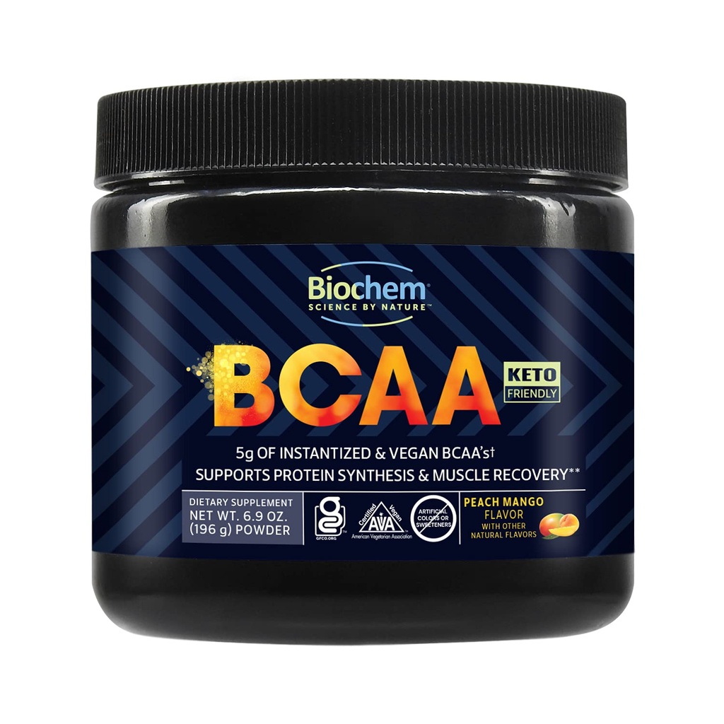 Biochem BCAA Powder Peach Mango 5g – 30 portions Supplément pour la récupération musculaire, la synthèse protéique et l'hydratation