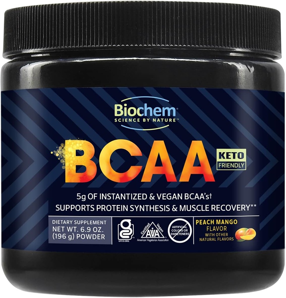 Biochem BCAA Powder Peach Mango 5g – 30 portions Supplément pour la récupération musculaire, la synthèse protéique et l'hydratation