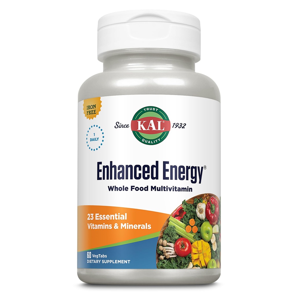 KAL suppléments d'énergie améliorés, une fois par jour multivitamine d'aliments entiers pour les femmes et les hommes, sans fer, 23 vitamines essentielles, minéraux, super aliments, enzymes digestives, garantie de 60 jours, 60 portions, 60 VegTabs