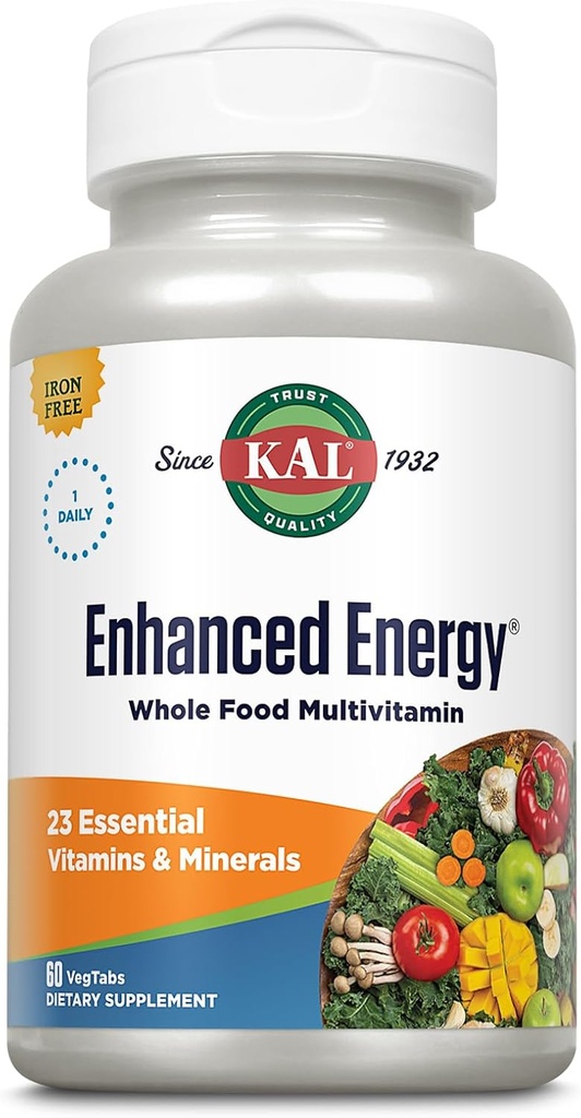 KAL suppléments d'énergie améliorés, une fois par jour multivitamine d'aliments entiers pour les femmes et les hommes, sans fer, 23 vitamines essentielles, minéraux, super aliments, enzymes digestives, garantie de 60 jours, 60 portions, 60 VegTabs