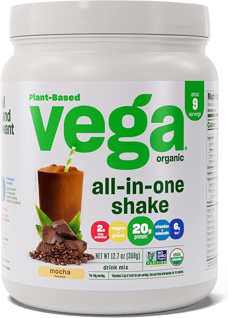 Vega Organic All-in-One Vegan Protein Powder Moka (9 portions) Superfood Ingredients, Vitamines pour le soutien de l'immunité, Keto Friendly, Pea Protein for Women & Men, 12.7oz (Packaging May Vary)