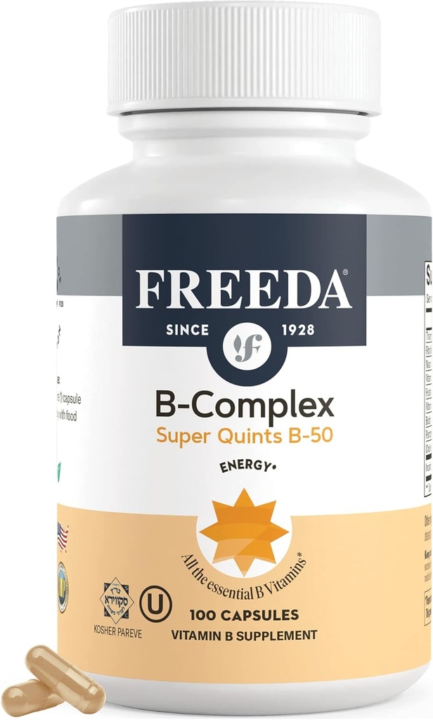 FREEDA Vitamin B Complex - Super Quints B-50 - Kosher Super B Complex Vitamin Supplement for Women & Men with Vitamin B1 Vitamin B2 Vitamin B3 Vitamin B6 Vitamin B12 Plus Folic Acid (100 Capsules)