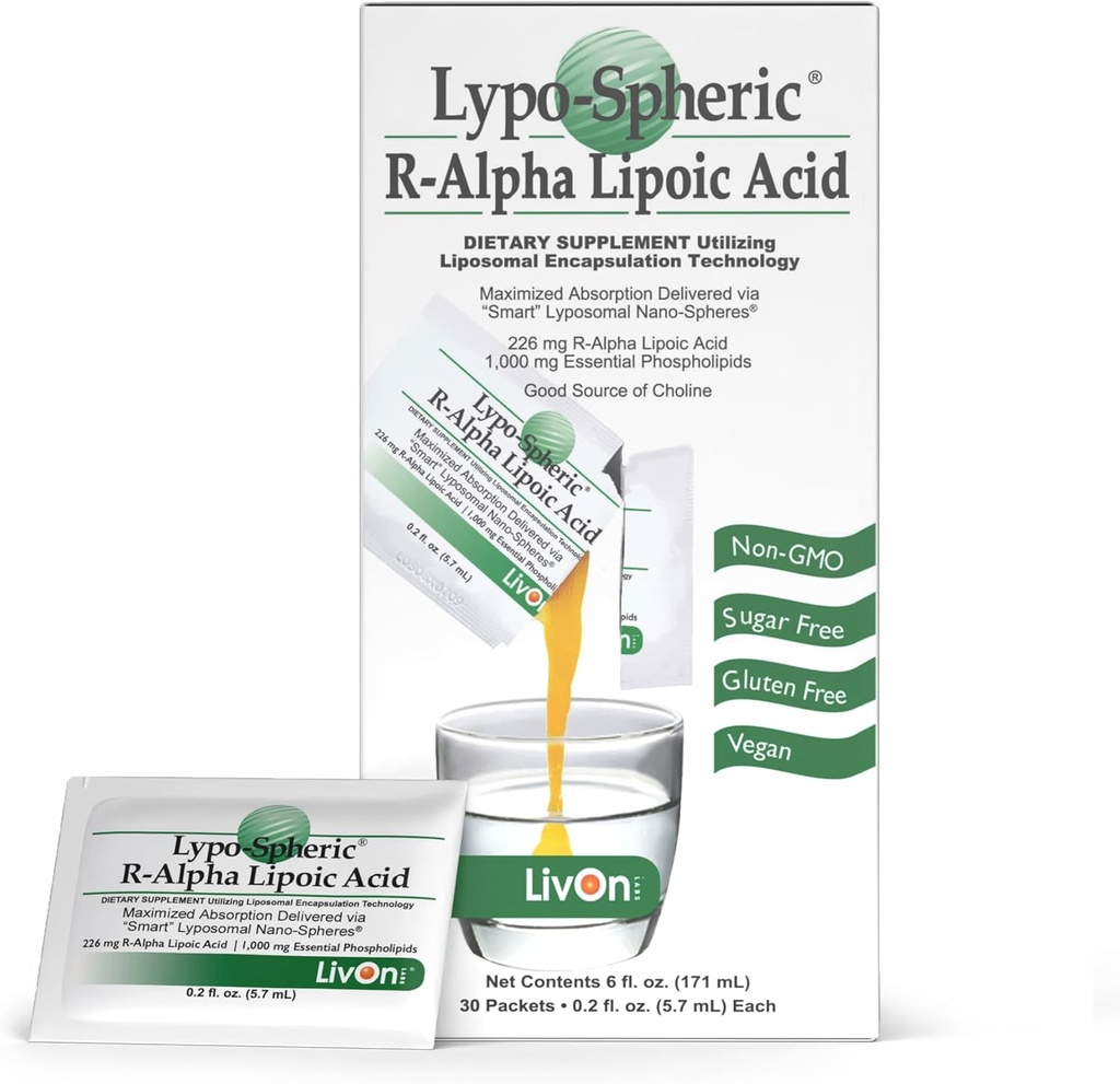 Livon Laboratories Acid Lypo-Spheric R-Alpha Lipoic Acid - 30 Packets - 226mg Par Packet - Liposome encapsulé pour une biodisponibilité maximale - 100% Non-OGM