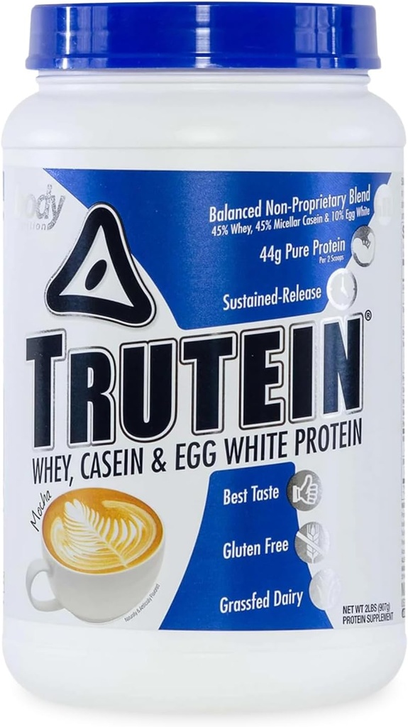 Nutrition corporelle Trutein Poudre à haute teneur en protéines : 45 % Whey, 45 % Caséine, 10 % Blanc d'oeuf, Sans gluten, Faible teneur en sodium, Poudre de protéines de fer à l'herbe, Supplément de gymnastique et petit déjeuner Shake, Mocha, 2lb