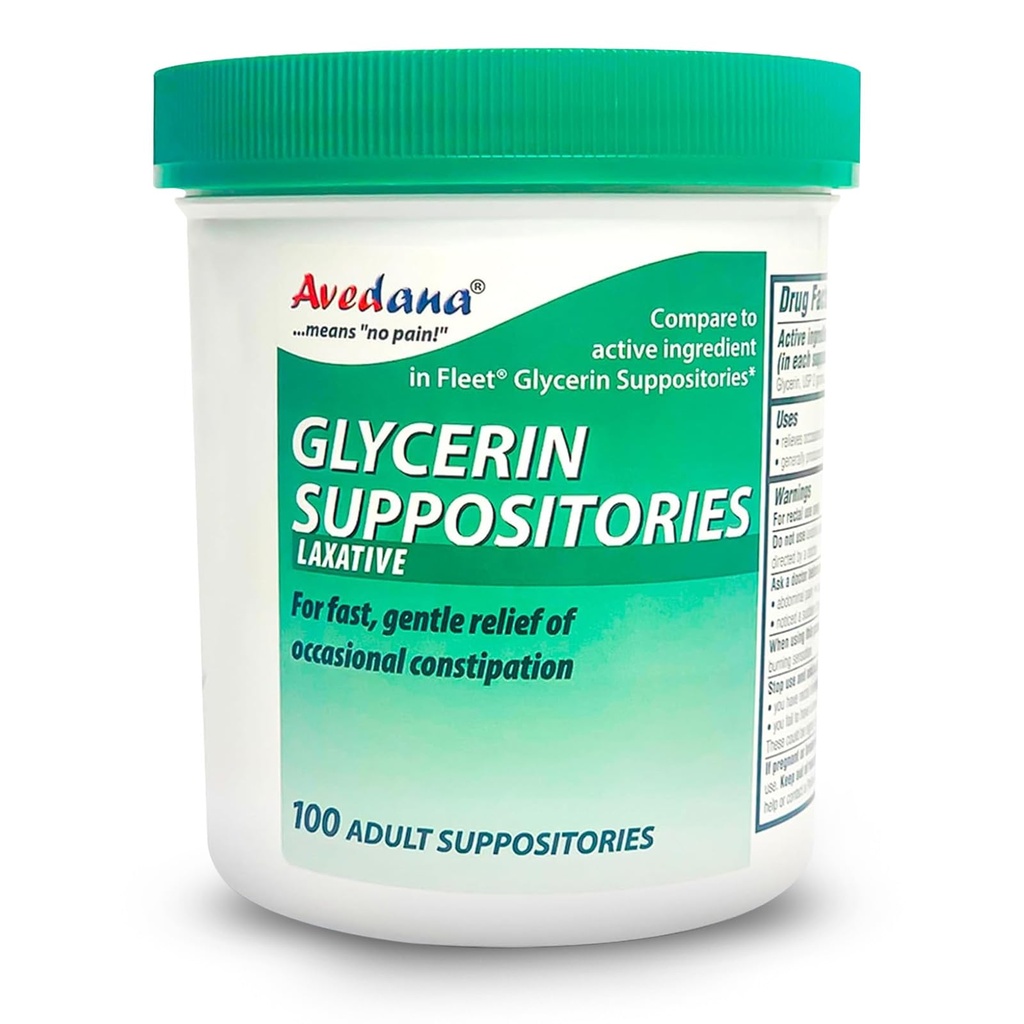 AVEDANA USP 2g Glycerin Laxatives Suppository – 100 Adult Size Laxative Suppositories for Men and Women – Fast and Gentle Relief Suppositories for Constipation – Comfortable Shape Adult Suppository