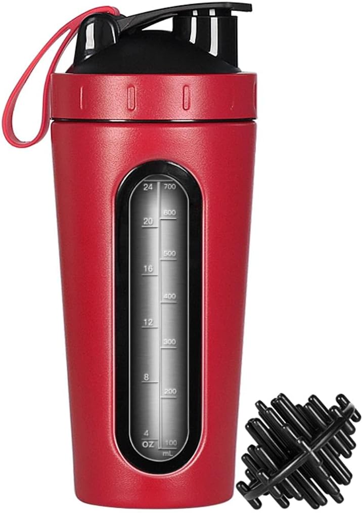 Bouteille de shaker de protéines, Coupe de shaker en acier inoxydable, Bouteille d'eau de mélangeur de sport, Fenêtre visible, Preuve de fuite, Pas de BPA avec boule de mélange pour l'entraînement de fitness de gym, 28 once, rouge
