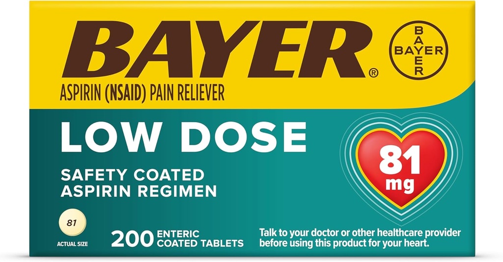 Bayer Aspirine Régimen Comprimés enrobés à faible dose, 81 mg, 200 Nombre
