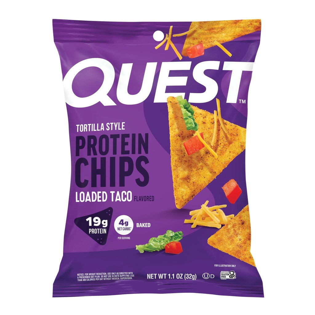 Quest Nutrition Loaded Taco Tortilla Style Protein Chips, 19g Protéines, 4g de glucides nets, faible teneur en glucides, sans gluten, 1,1 oz (paquet de 12)