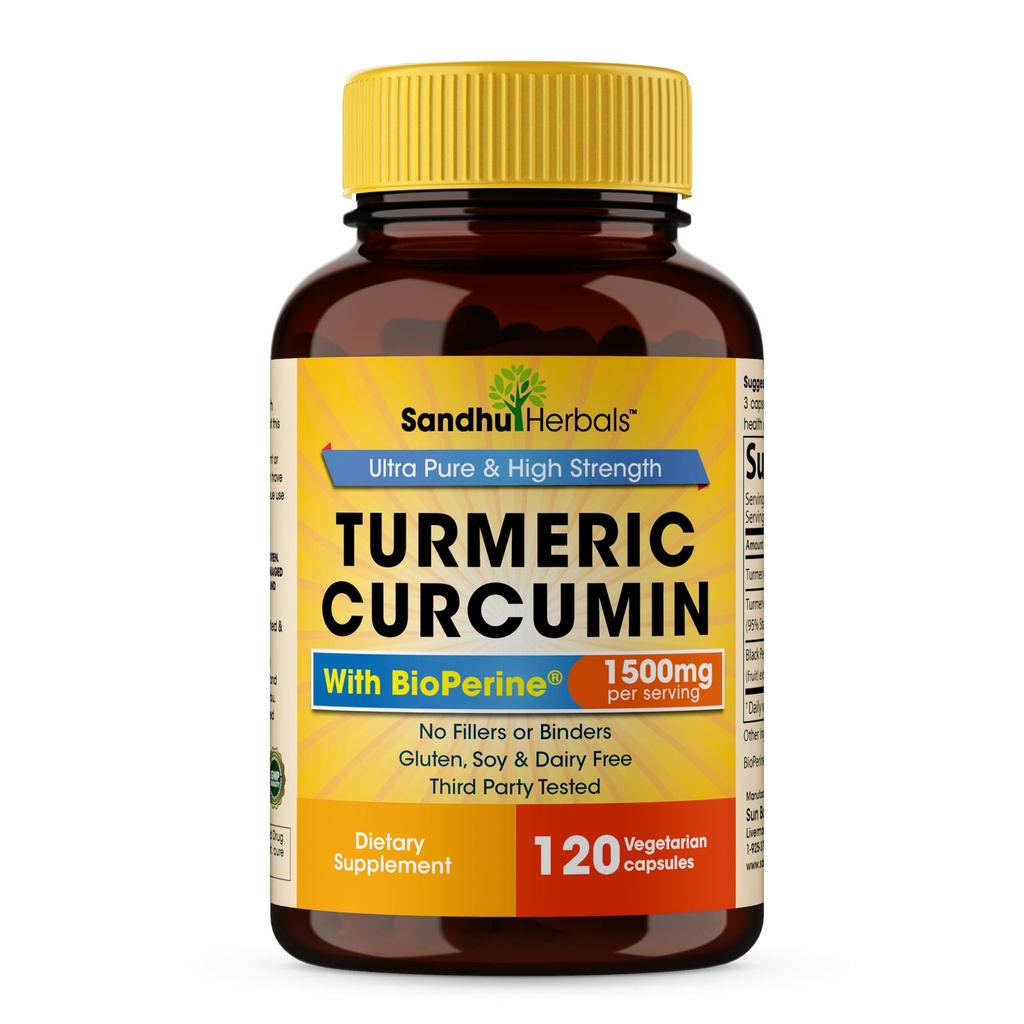 Sandhu Herbals Curcumin Curcumin 120 Capsules avec supplément d'extrait de poivre noir Bioperine avec 95% Curcuminoids