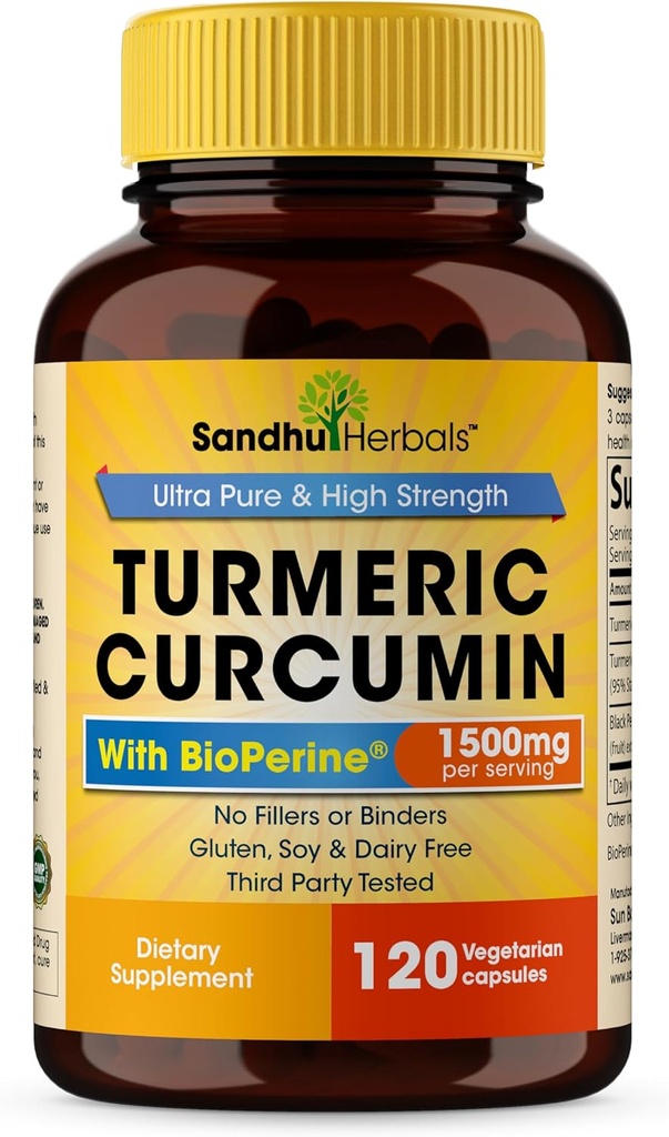 Sandhu Herbals Curcumin Curcumin 120 Capsules avec supplément d'extrait de poivre noir Bioperine avec 95% Curcuminoids
